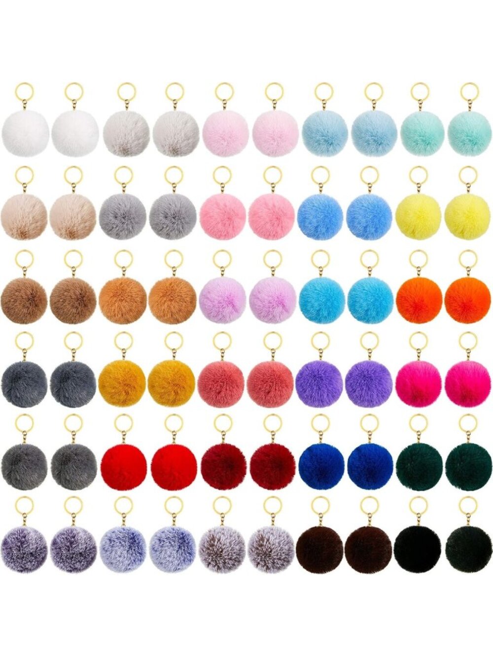 Colorful Pom Poms Keychains - 60 Pcs Fluffy Ball Bag Charms for Handbags